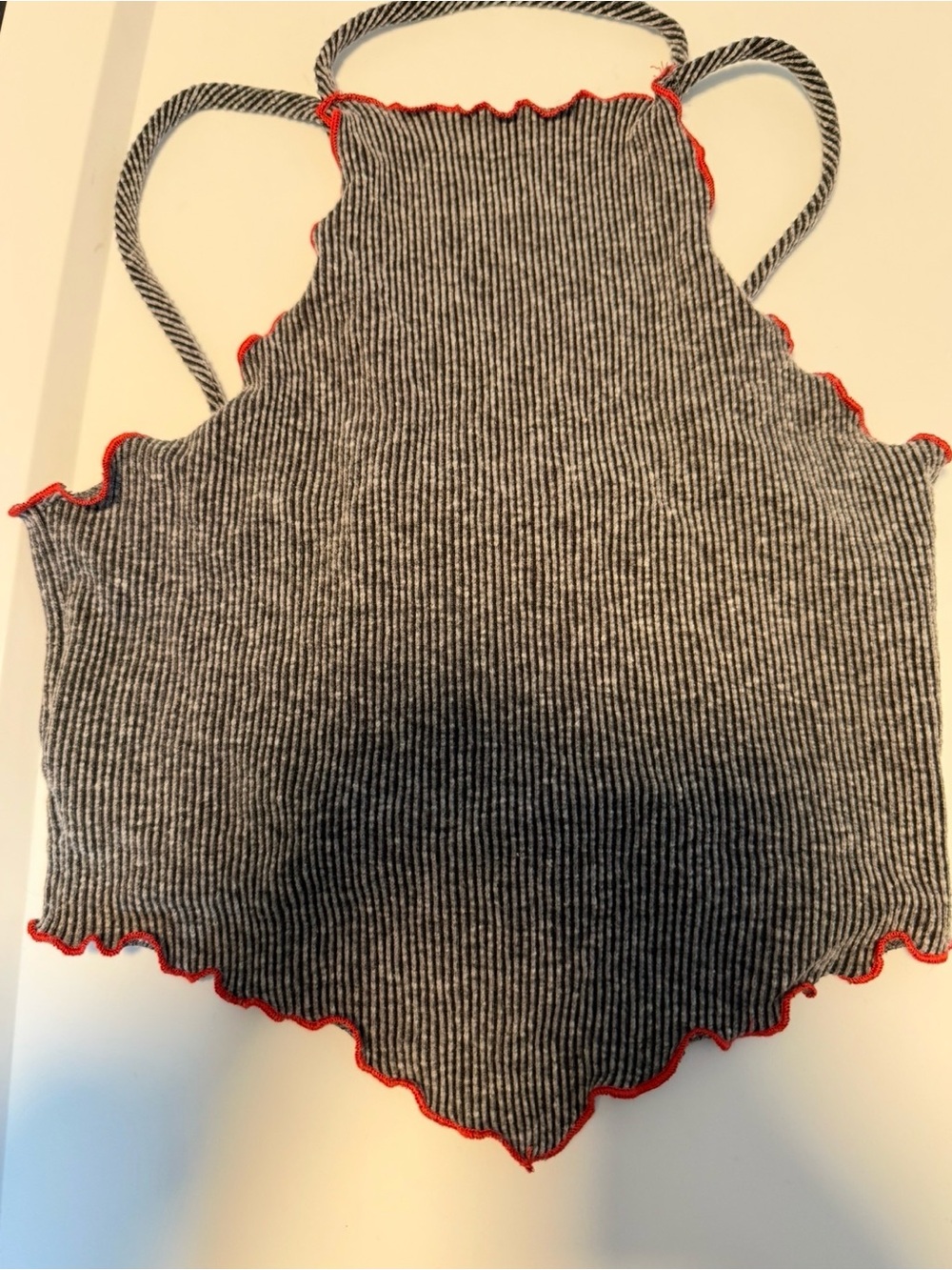 Brooklyn Karma Striped Ribbed Halter Crop Top in Gray with Red Trim XS/S